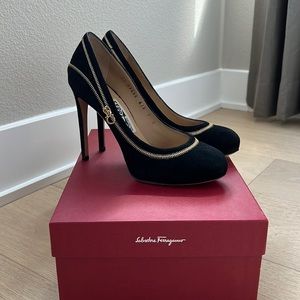 Salvatore Ferragamo Black Suede Heels with Gold Zipper Design Details